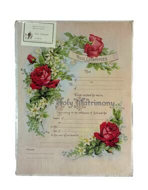 Vintage Victorian Marriage Certificate Red Roses Floral Lithograph Reprint 12x16